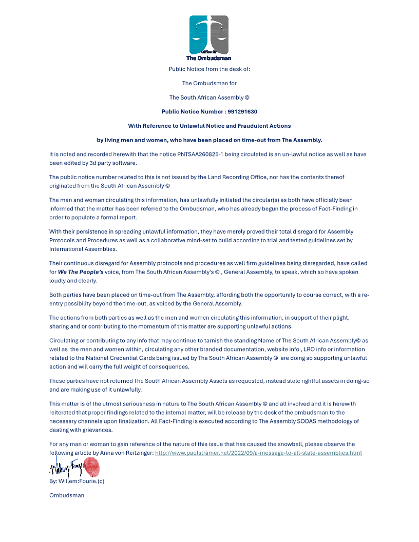 Public Notice Ombudsman  Recording number 991291630